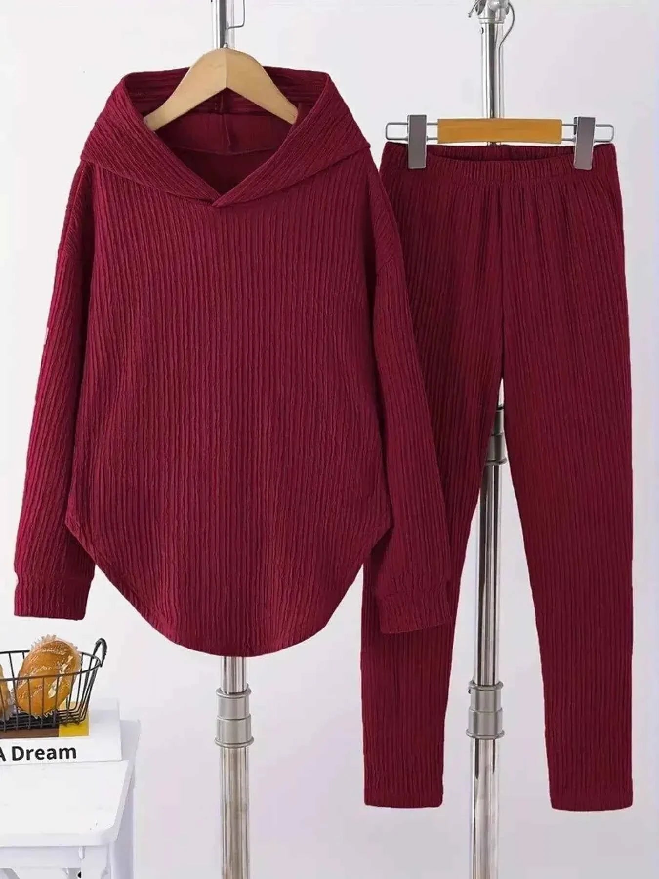 Textured Long Sleeve Hoodie and Pants Set