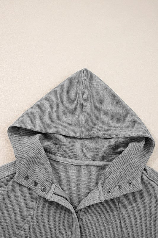 Waffle Zip Up Snap Button Hooded Jacket
