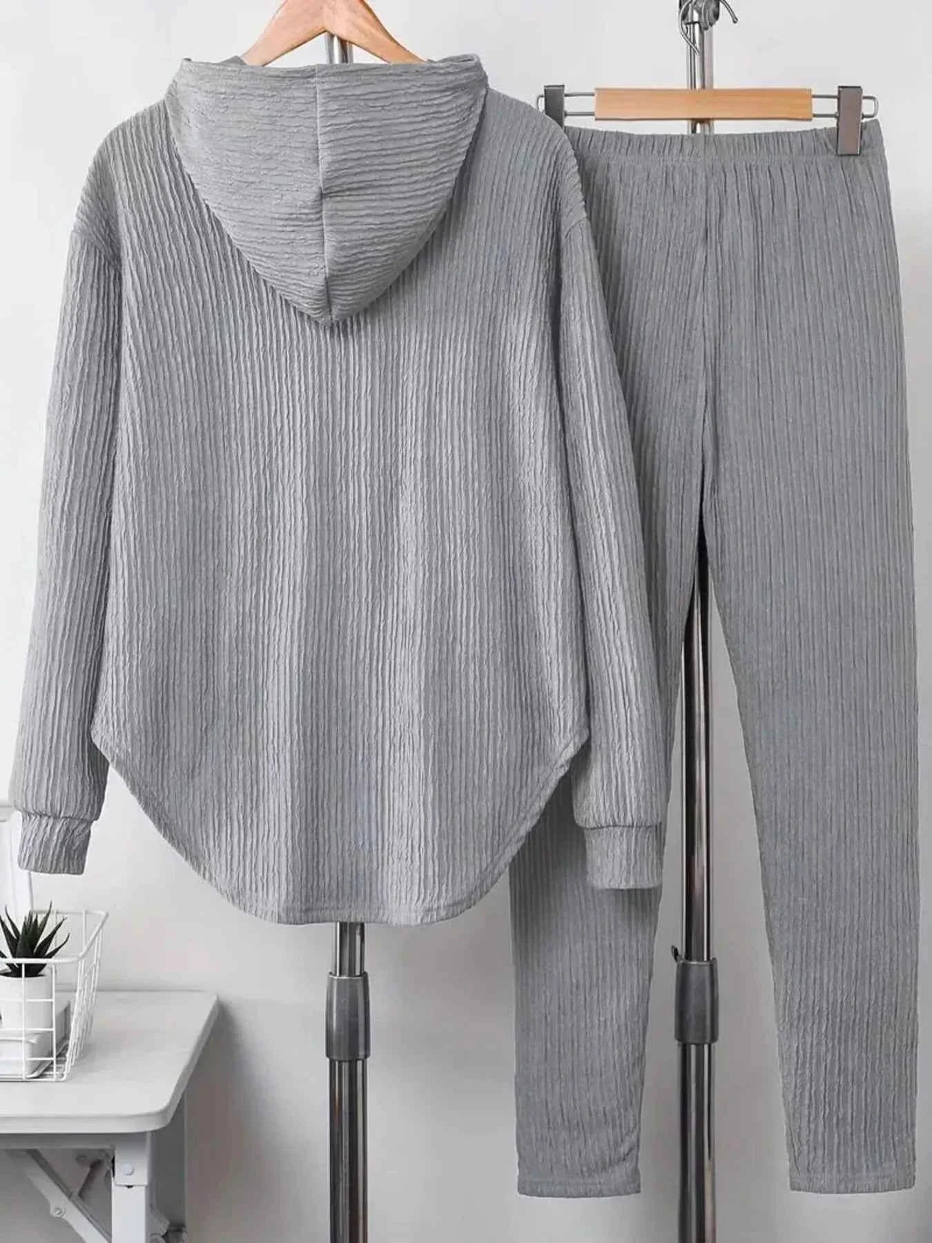 Textured Long Sleeve Hoodie and Pants Set