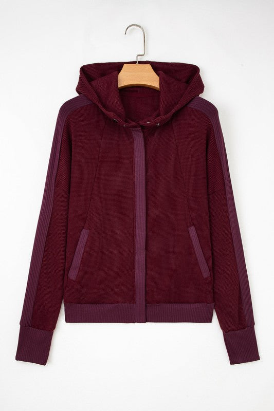 Waffle Zip Up Snap Button Hooded Jacket