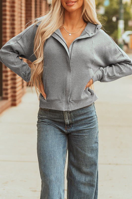 Waffle Zip Up Snap Button Hooded Jacket