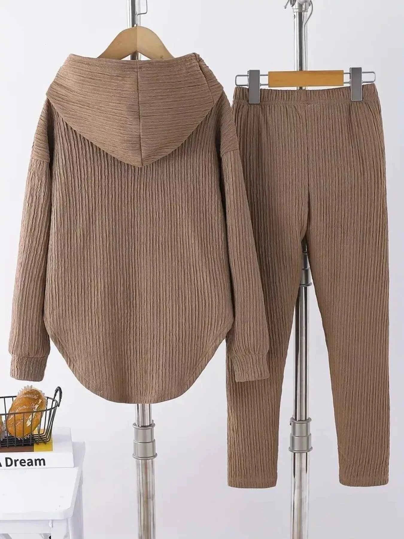 Textured Long Sleeve Hoodie and Pants Set