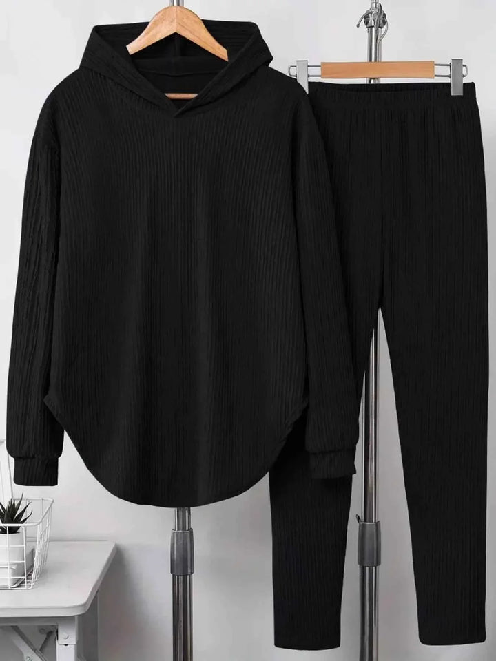 Textured Long Sleeve Hoodie and Pants Set