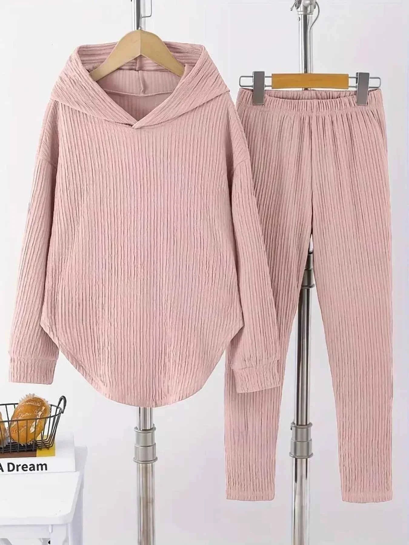Textured Long Sleeve Hoodie and Pants Set